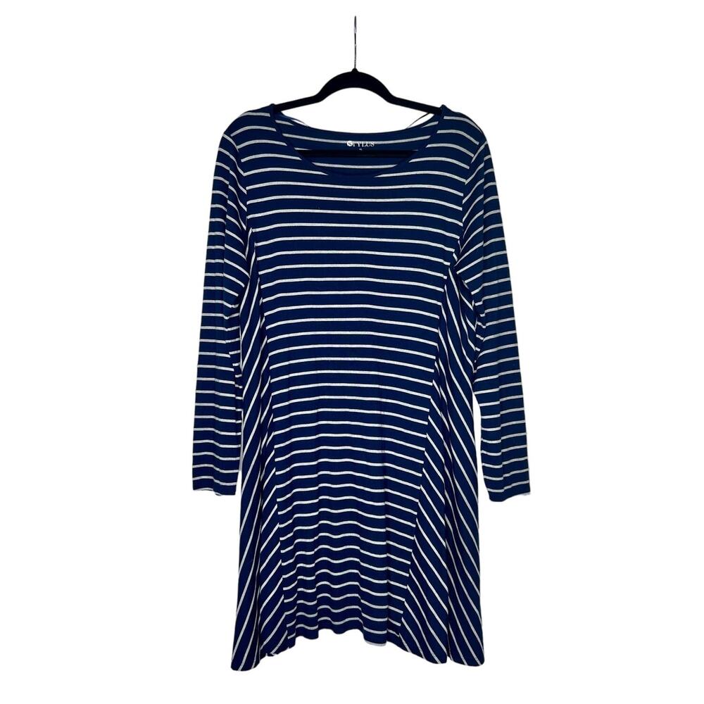 Stylus Women's Navy Blue and Gray Striped Long Sleeve Casual Short Dress XL